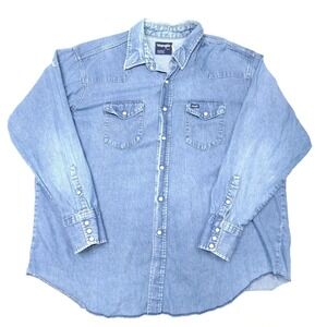 Wrangler Shirt Mens Medium Blue Denim Western Pearl Snap Long Sleeve Distressed
